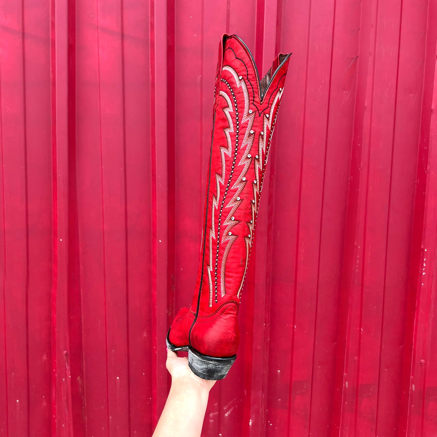 Red Snip-Toe Embroidery Rhinestone Wide Calf Knee High Cowgirl Boots