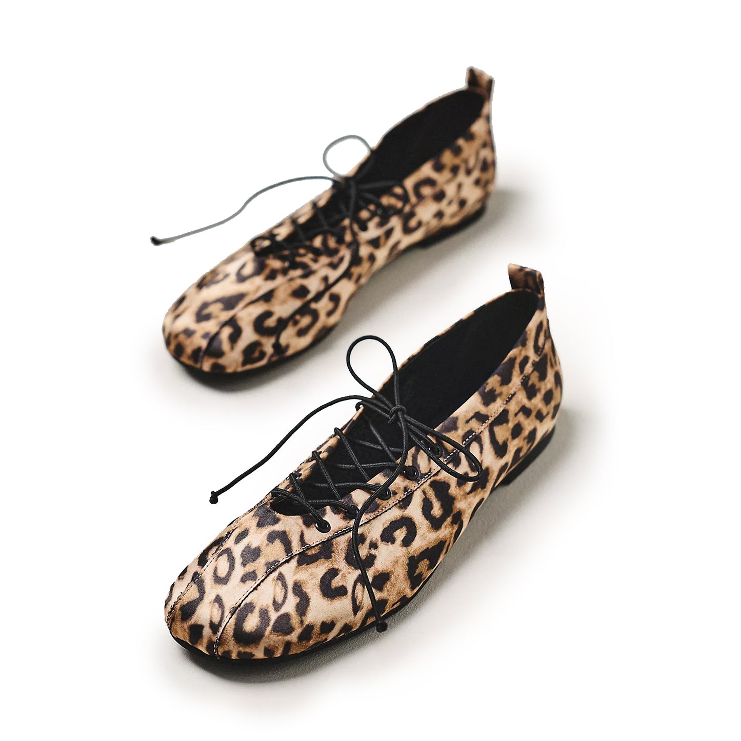 Leopard Satin Square-Toe Lace-Up Ballet Flats