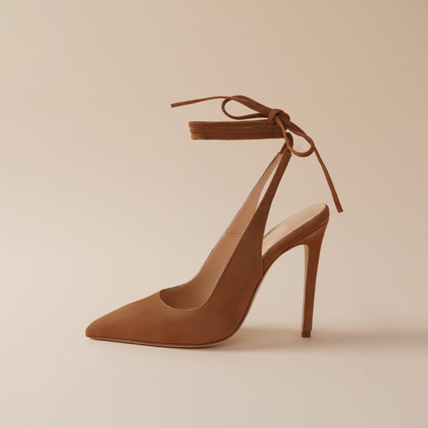 Brown Faux Suede Pointed-Toe Slingback Ankle Laces High Heels