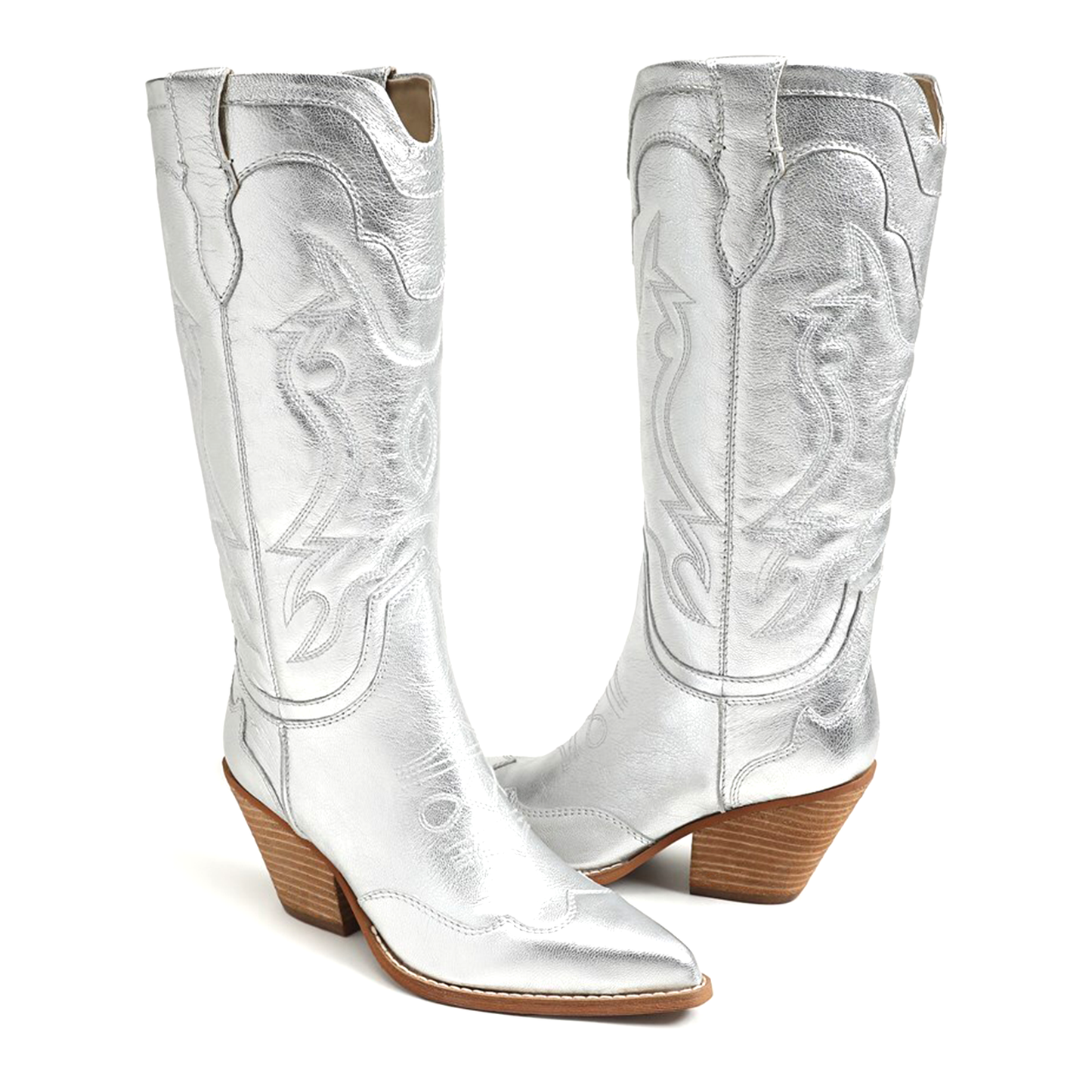 Metallic Silver Pointed-Toe Embroidery Wide Calf Knee High Cowgirl Boots