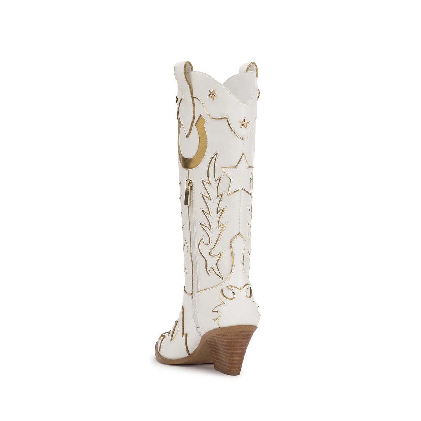 White Almond-Toe Horseshoe Inlay Star Studs And Applique Mid Calf Cowgirl Boots