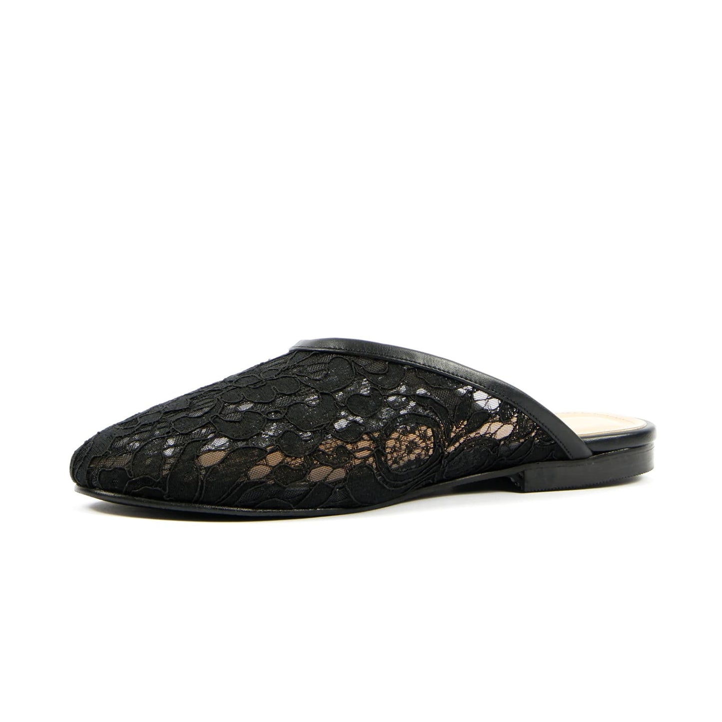 Black Lace Mesh Round-Toe Backless Slip-On Sandals Flats