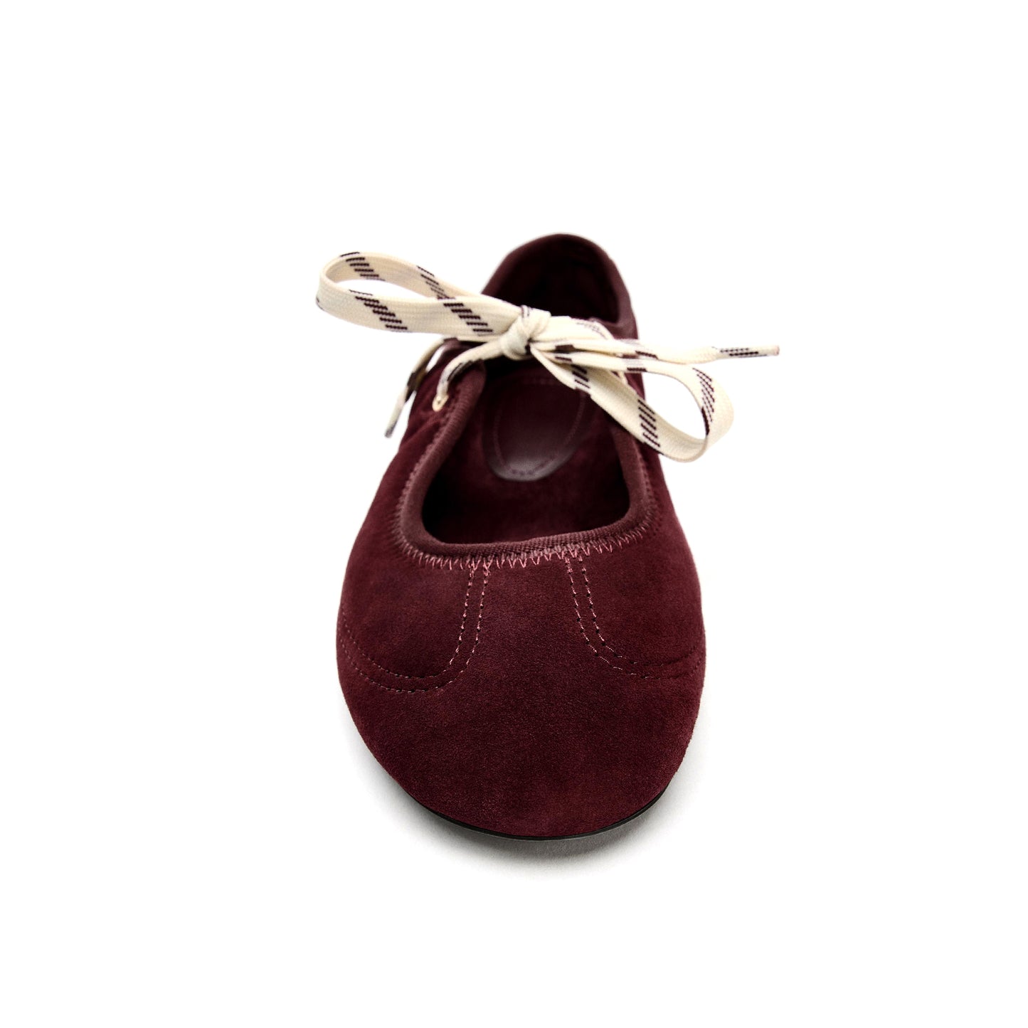 Burgundy Faux Suede Round-Toe Stitch Lace-Up Closure Ballet Flats