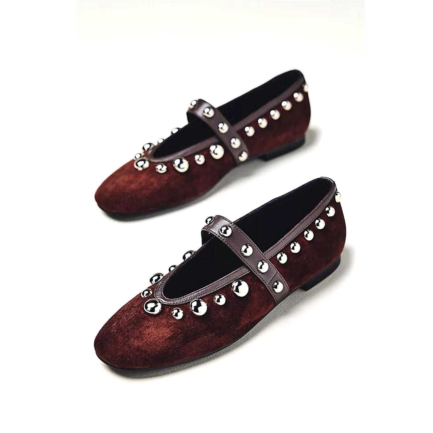 Brown Faux Suede Square-Toe Studded Bridge Strap Flats