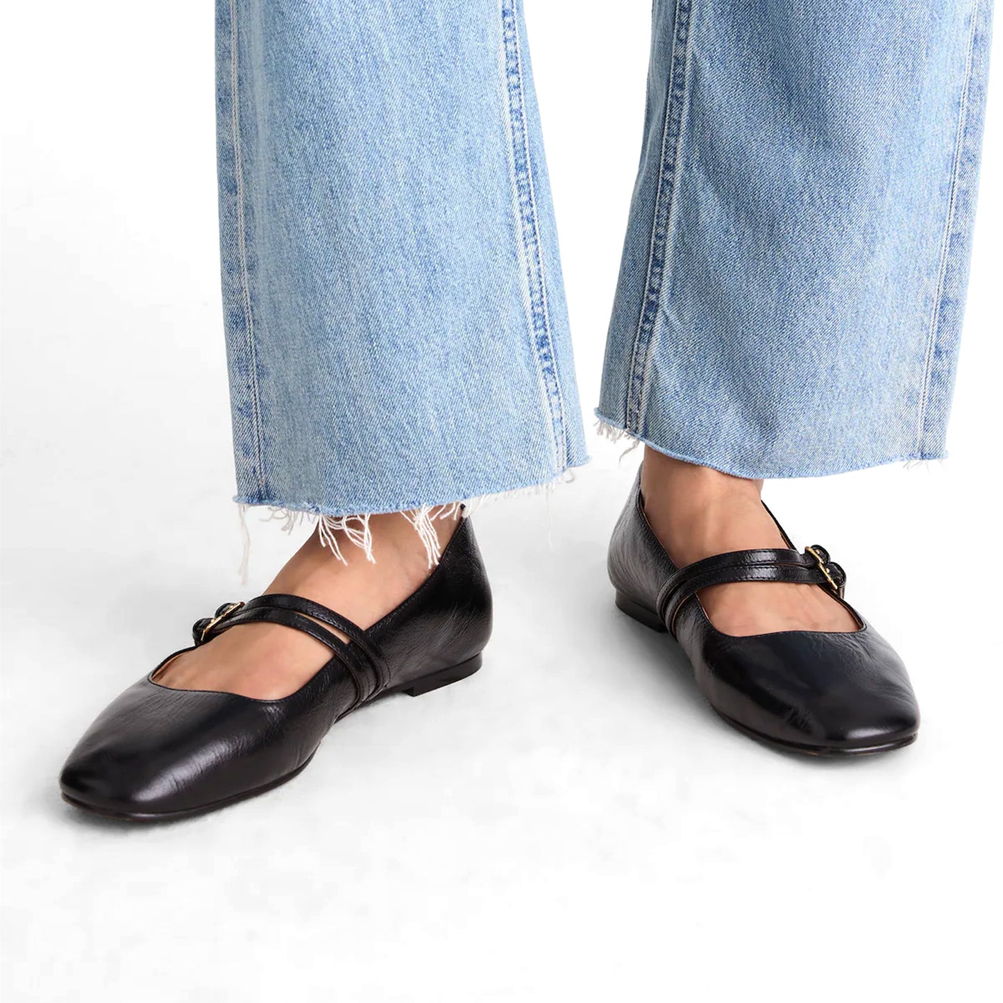 Black Square-Toe Double Buckle Bridge Strap Flats