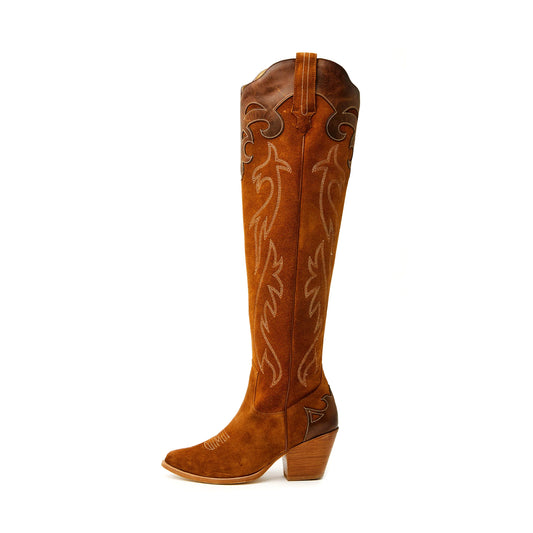 Brown Faux Suede Round-Toe Half-Zip Embroidery Tall Knee High Cowgirl Boots