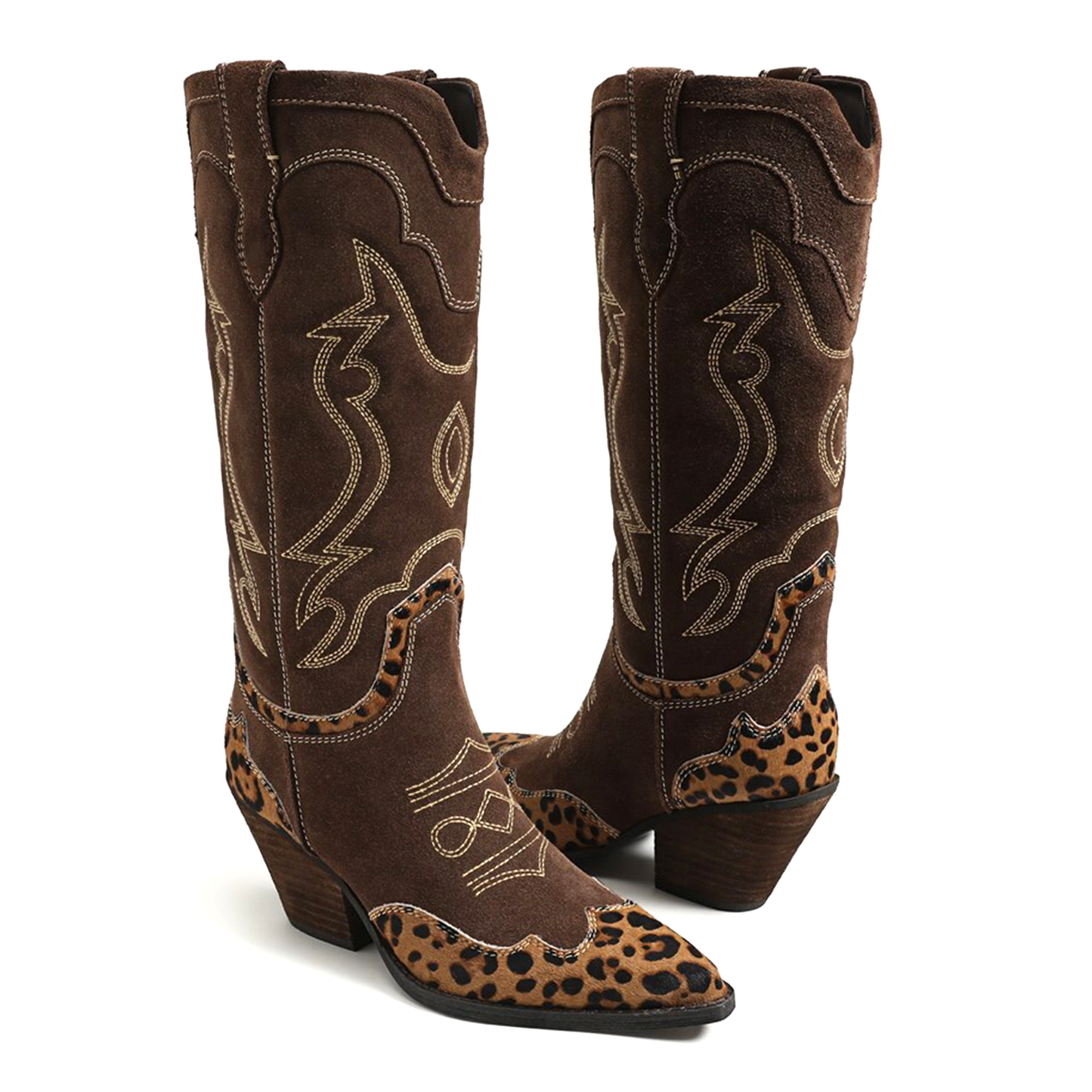 Contrast Brown And Leopard Pointed-Toe Embroidery Wide Calf Knee High Cowgirl Boots