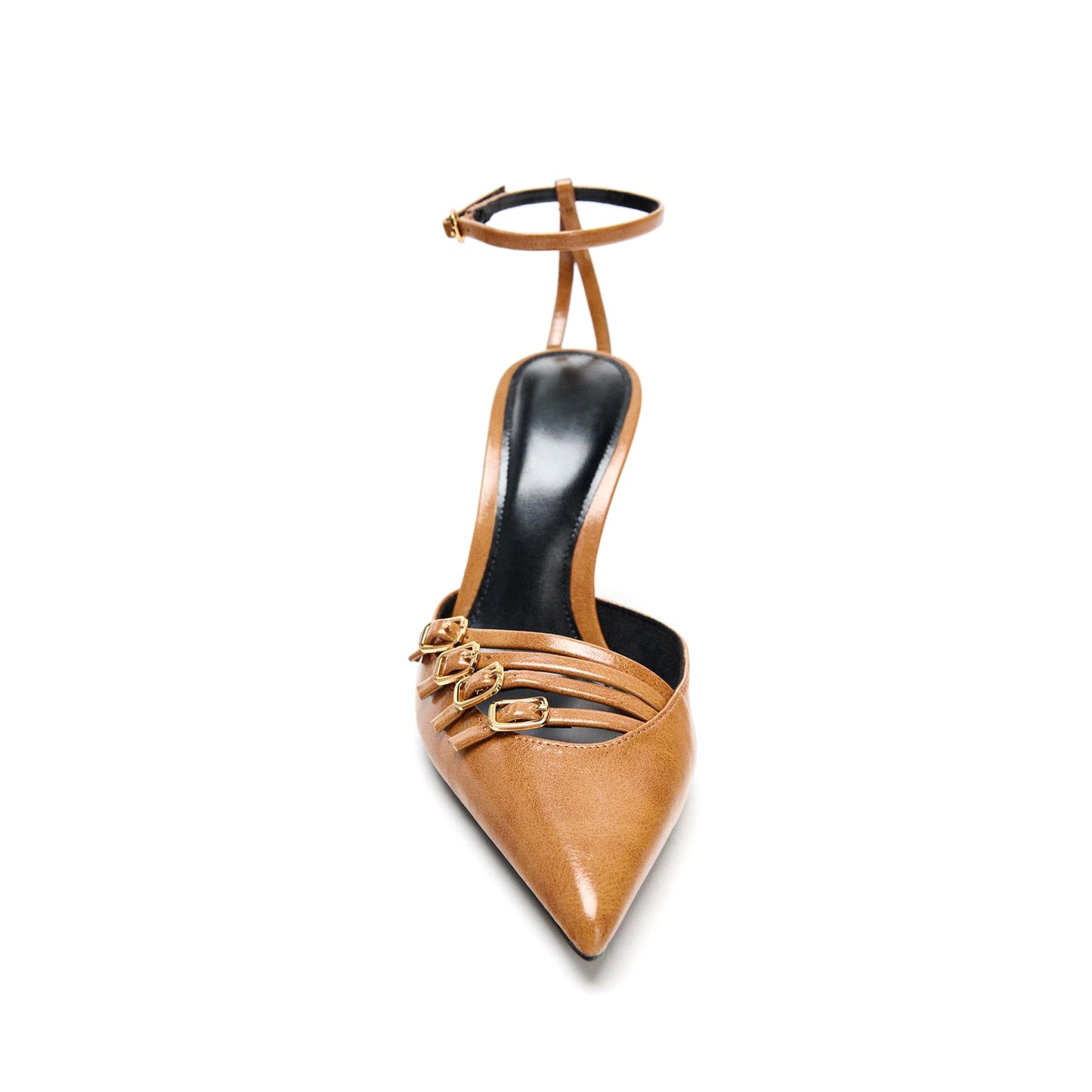 Taupe Pointed-Toe Front Straps With Buckle And Ankle Strap High Heels