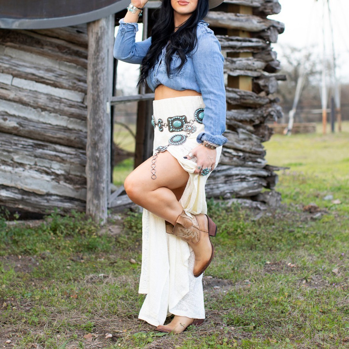 Tan Round-Toe Embroidery Studded Ankle Cowgirl Boots