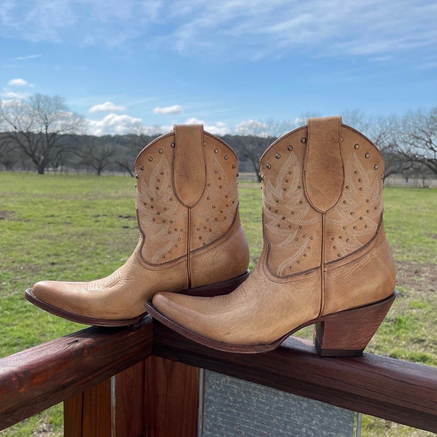 Tan Round-Toe Embroidery Studded Ankle Cowgirl Boots