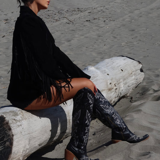 Black Snip-Toe Chic Embroidery Wide Calf Knee High Cowgirl Boots