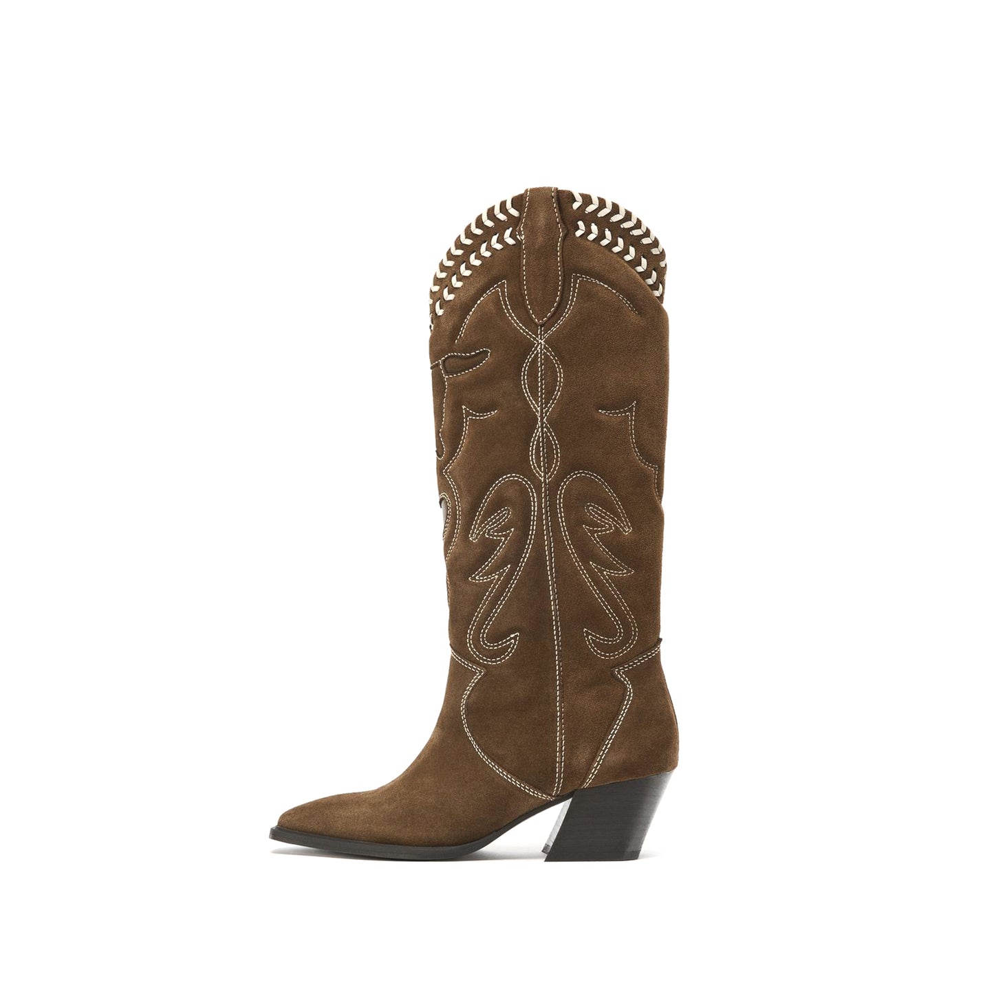 Brown Embroidery Tauren And Heart Inlay Running Lace Stitch Knee High Cowgirl Boots