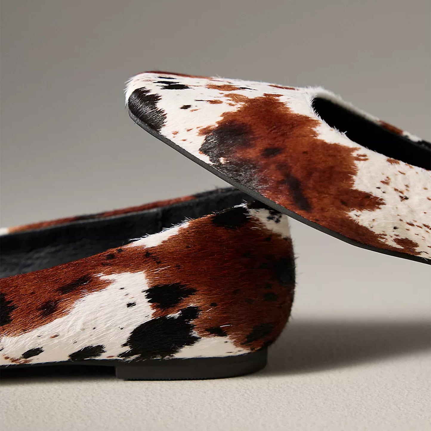 Cow Print Pony Hair Square-Toe Slip-On Ballet Flats