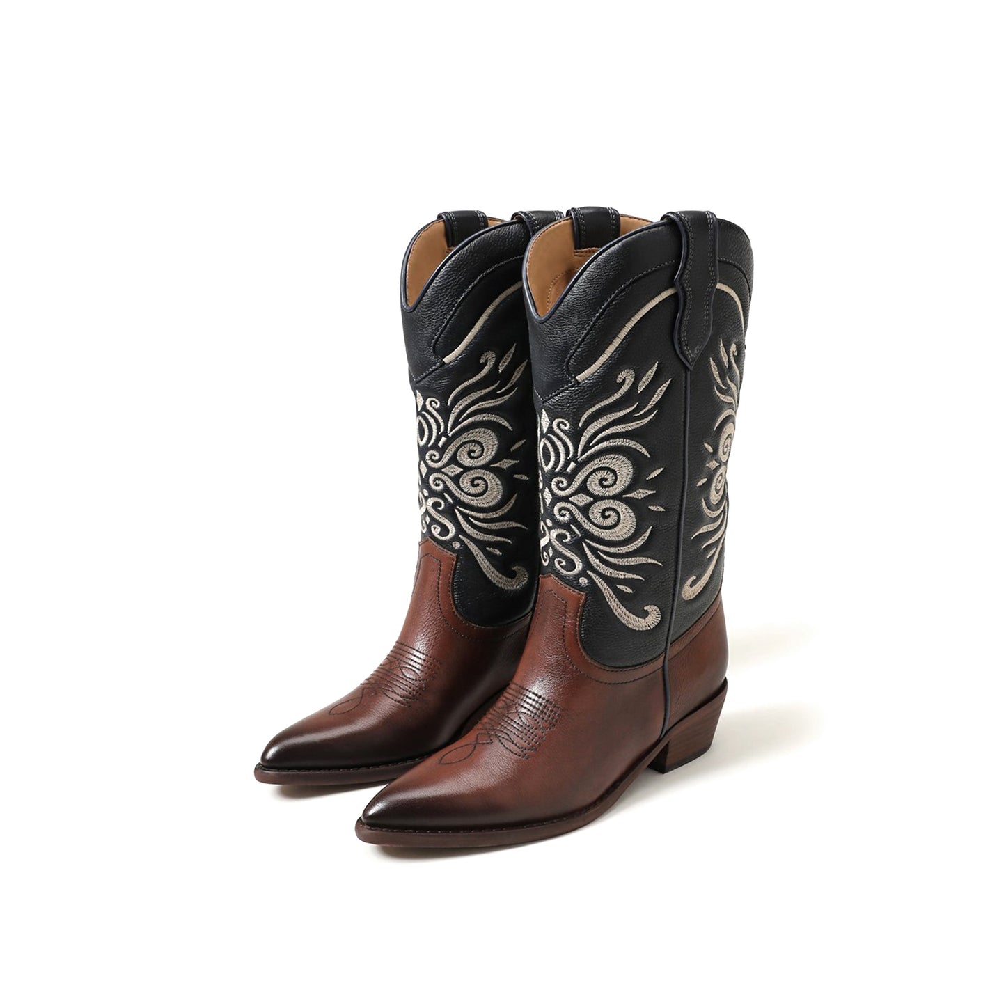 Contrast Black And Brown Pointed-Toe Chic Embroidery Mid Calf Cowgirl Boots