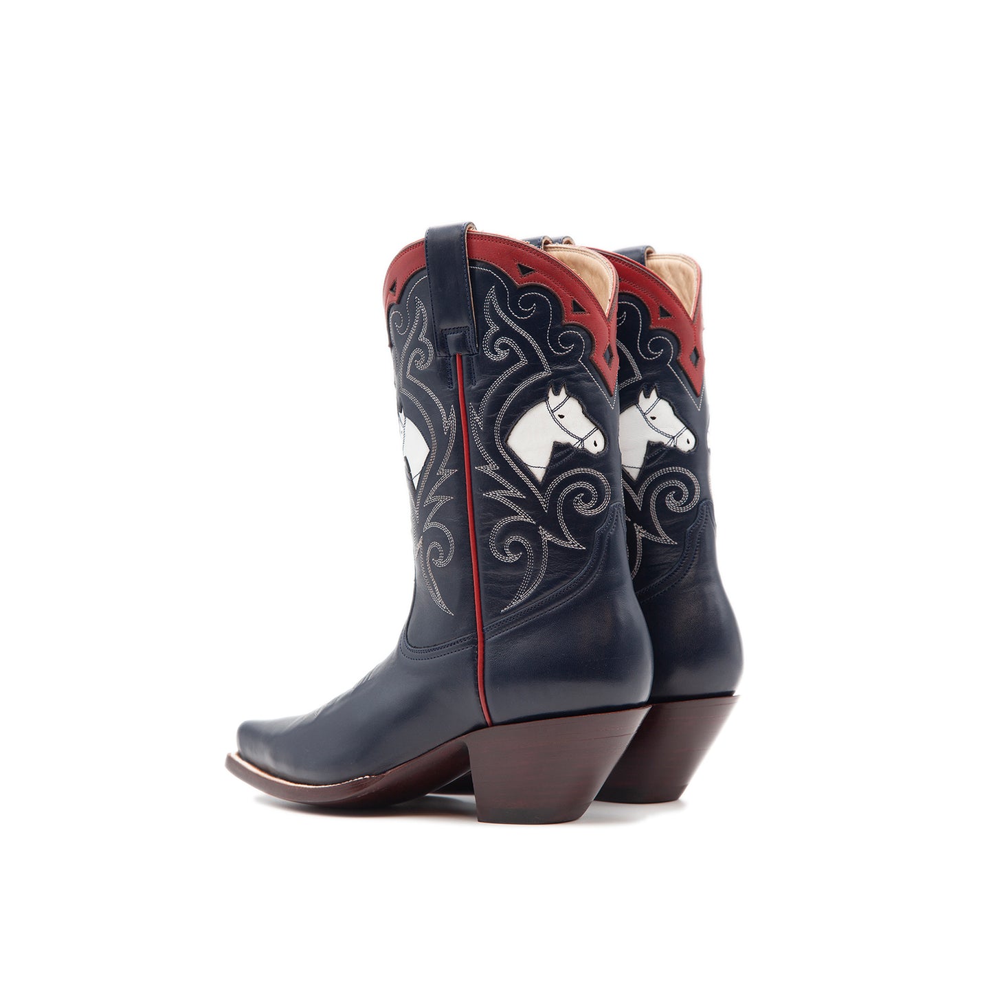 Navy Blue Pointed-Toe Embroidery Horses Inlay Ankle Cowgirl Boots