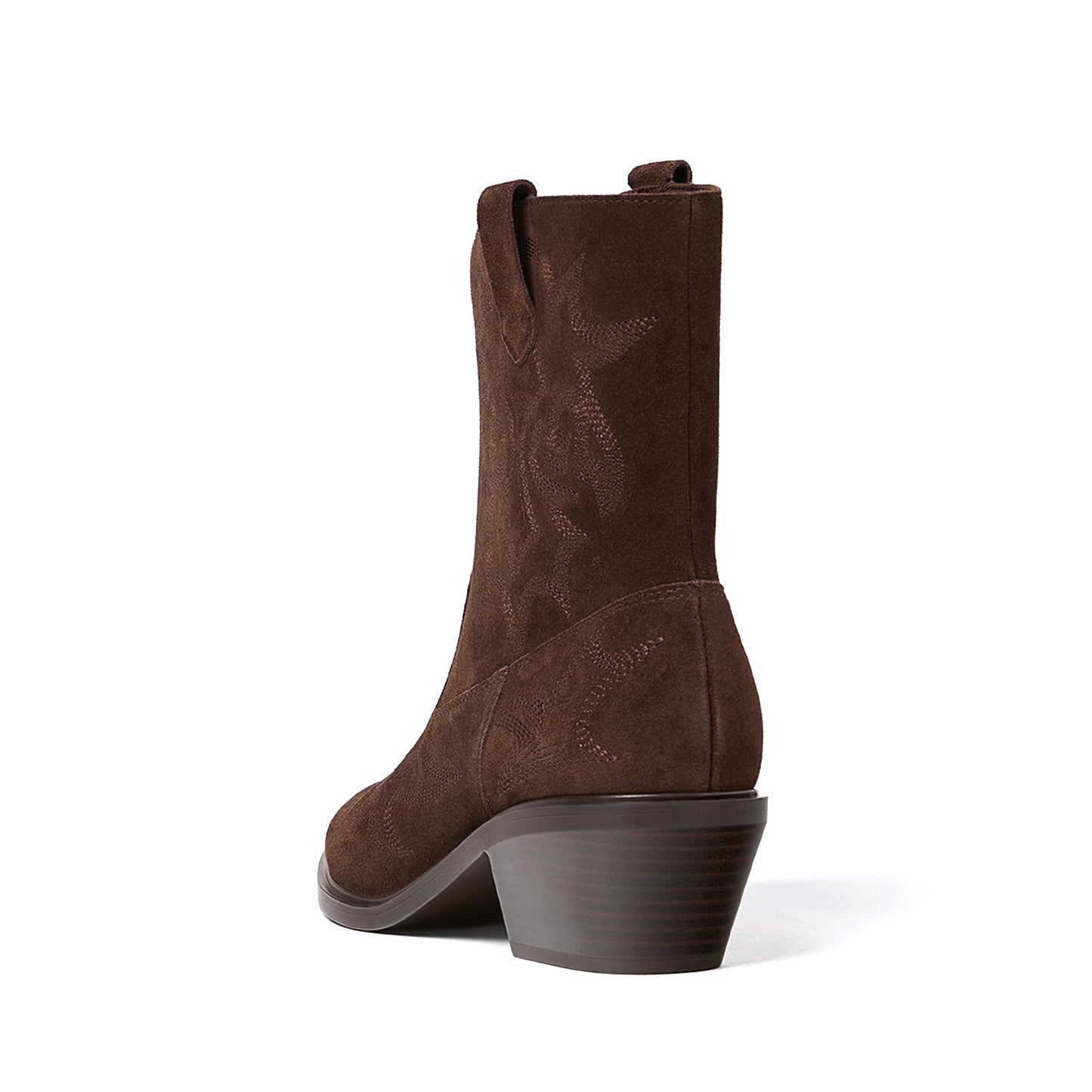 Coffee Faux Suede Almond-Toe Embroidery Detail Full-Zip Ankle Cowgirl Boots