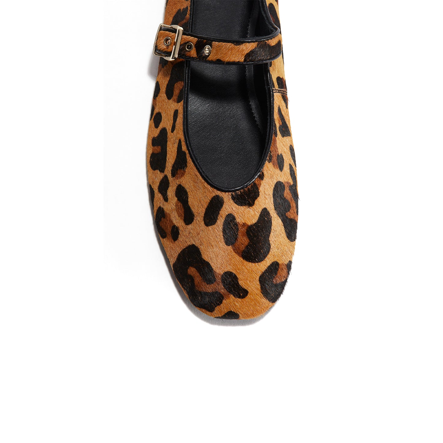 Leopard Pony Hair Square-Toe Bridge Strap Ballet Flats