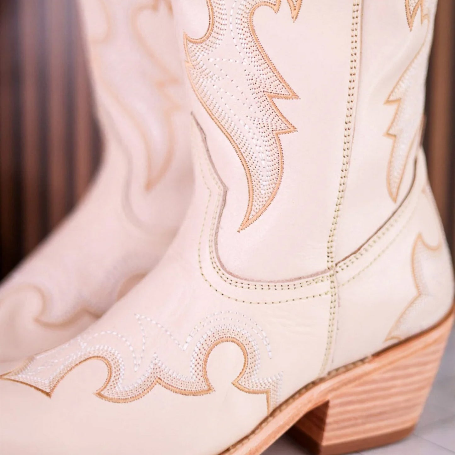 Bone Almond-Toe Embroidery Tall Wide Calf Knee High Cowgirl Boots