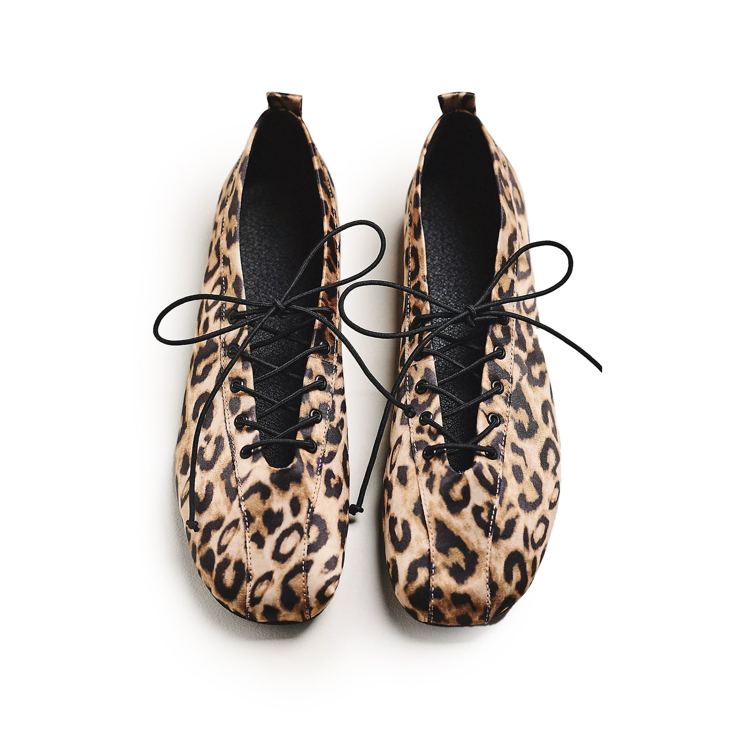 Leopard Satin Square-Toe Lace-Up Ballet Flats