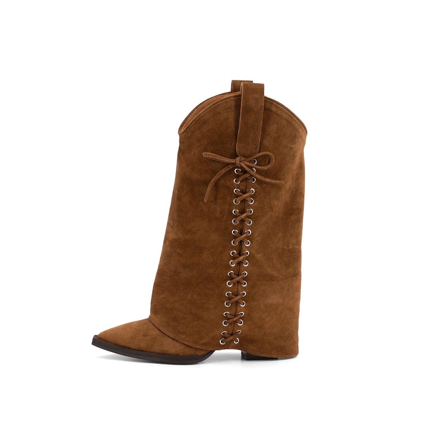 Tan Faux Suede Pointed-Toe Fold-Over Side Lace-Up Mid Calf Cowgirl Boots