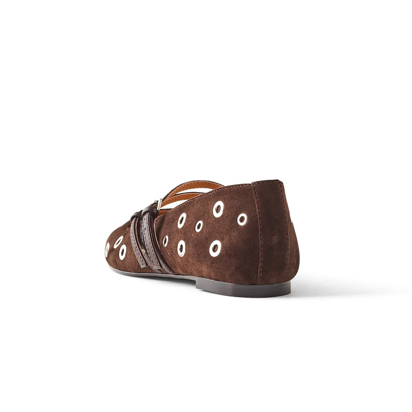 Cocoa Faux Suede Square-Toe Eyelet Double Buckle Bridge Strap Flats
