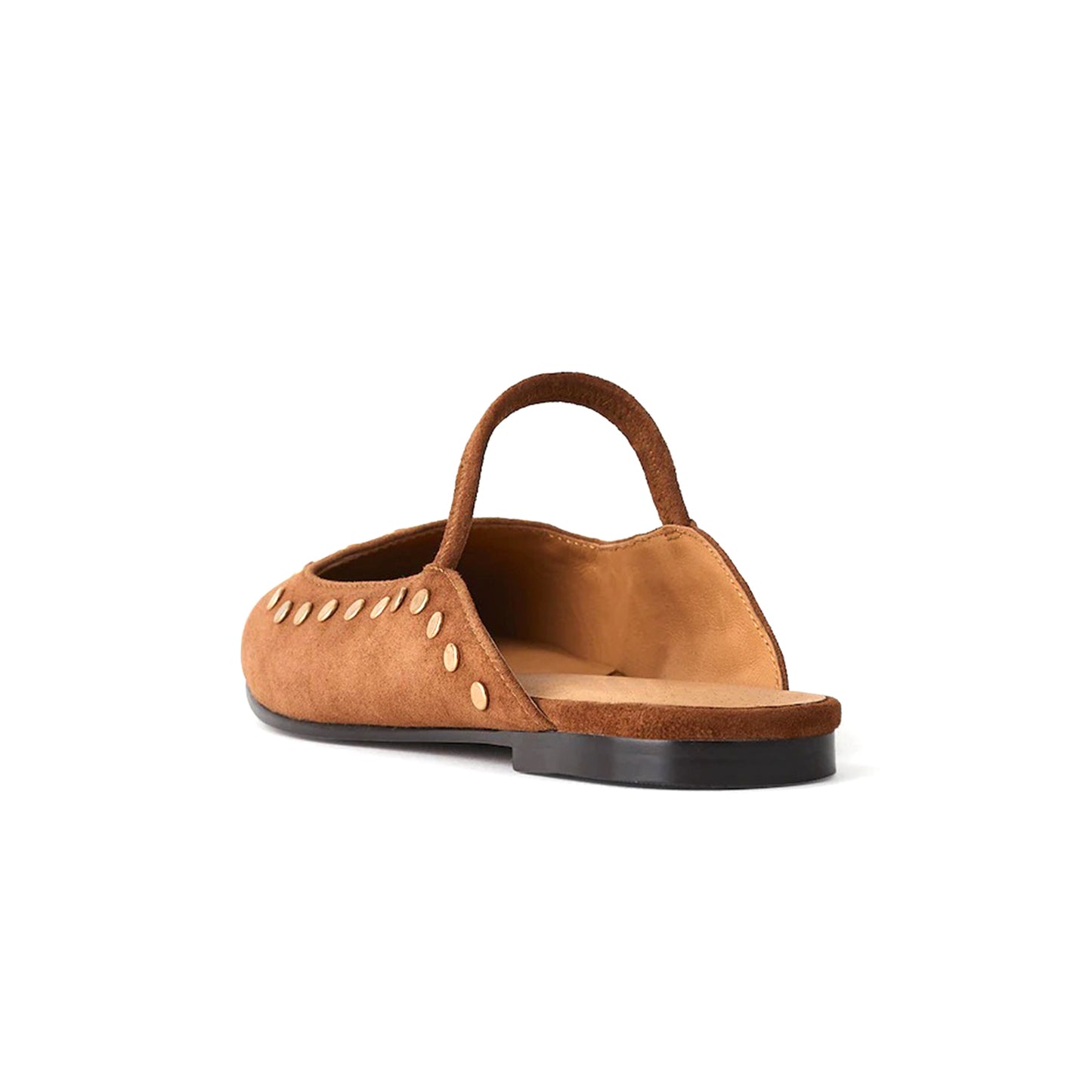 Cognac Faux Suede Square-Toe Bridge Strap Studded Slip-On Flats