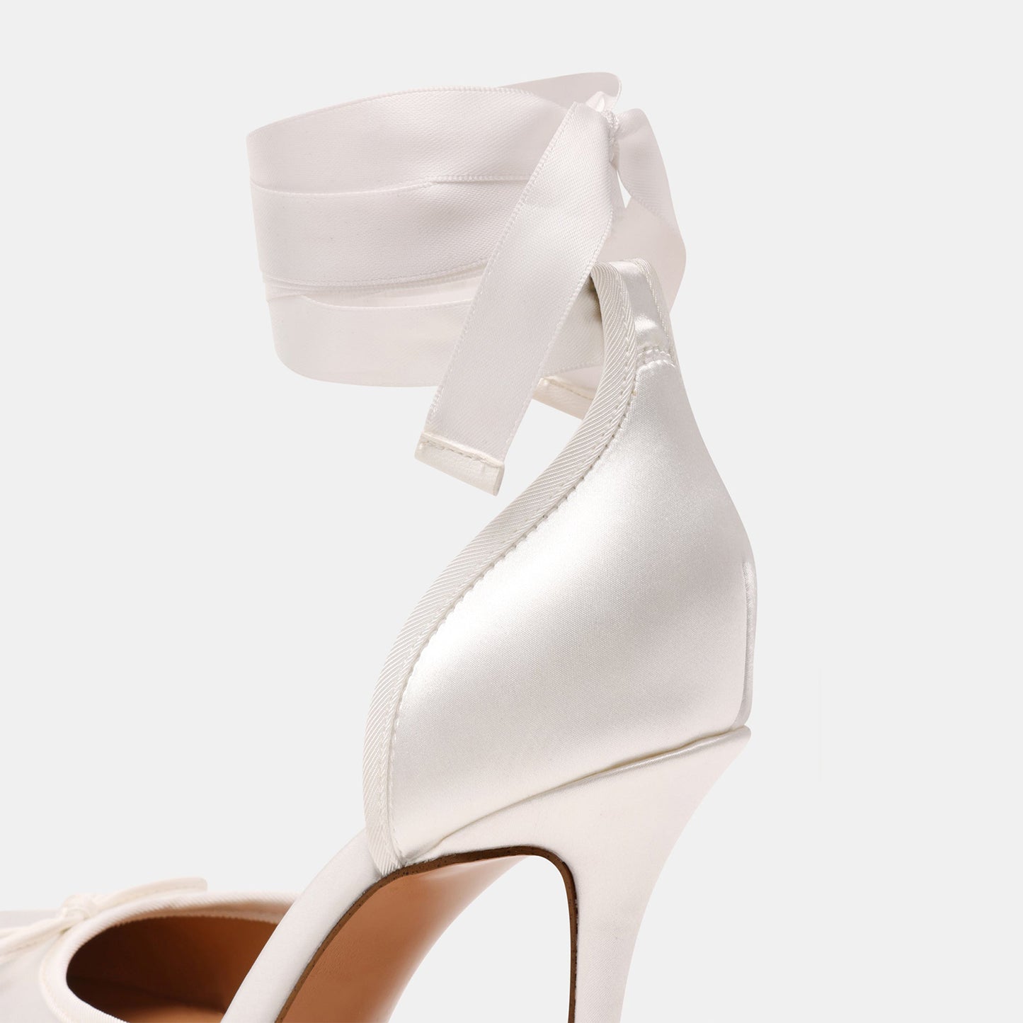 Ivory Satin Square-Toe Front Bow Ankle Strap Slip-On High Heels