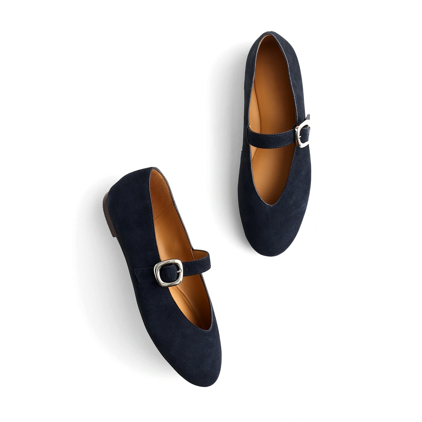 Dark Blue Faux Suede Round-Toe Buckle Bridge Strap Slip-On Flats