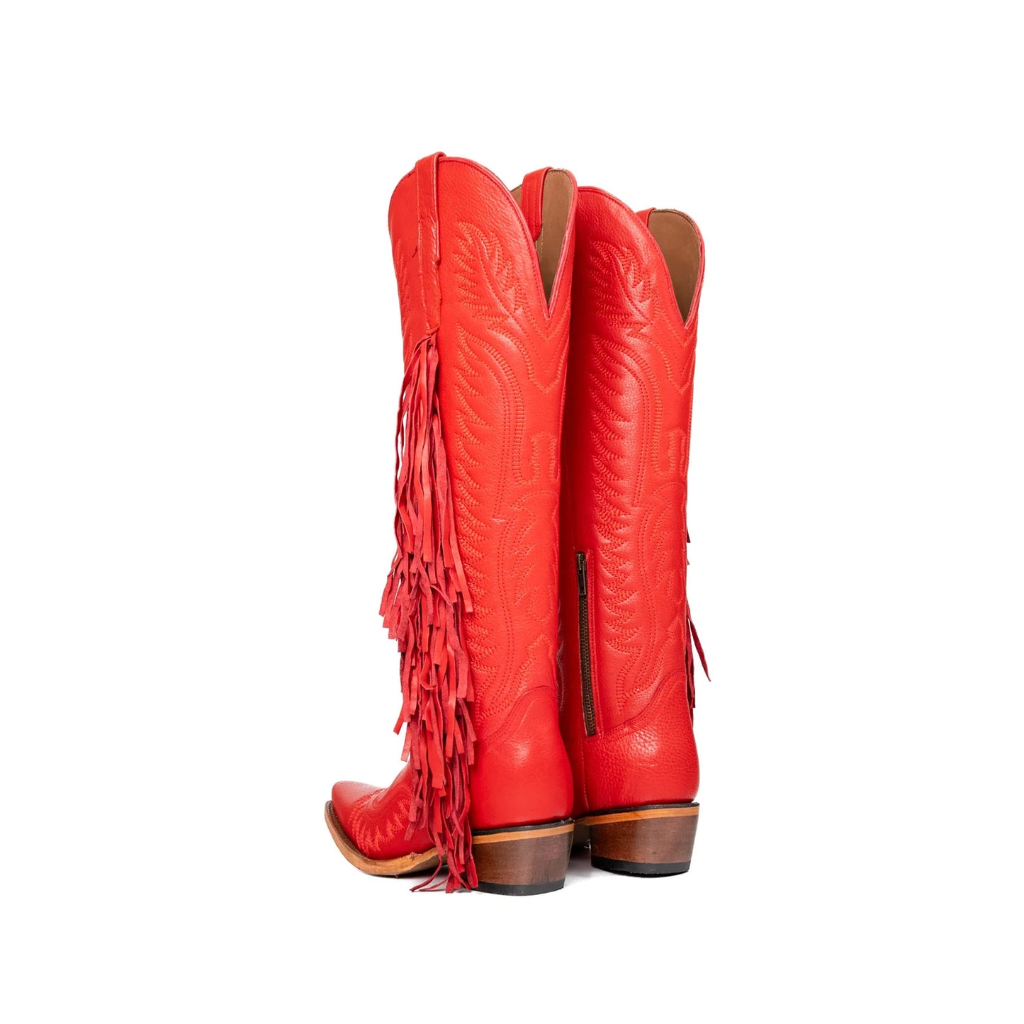 Red Snip-Toe Embroidery Side Fringe Half-Zip Knee High Cowgirl Boots
