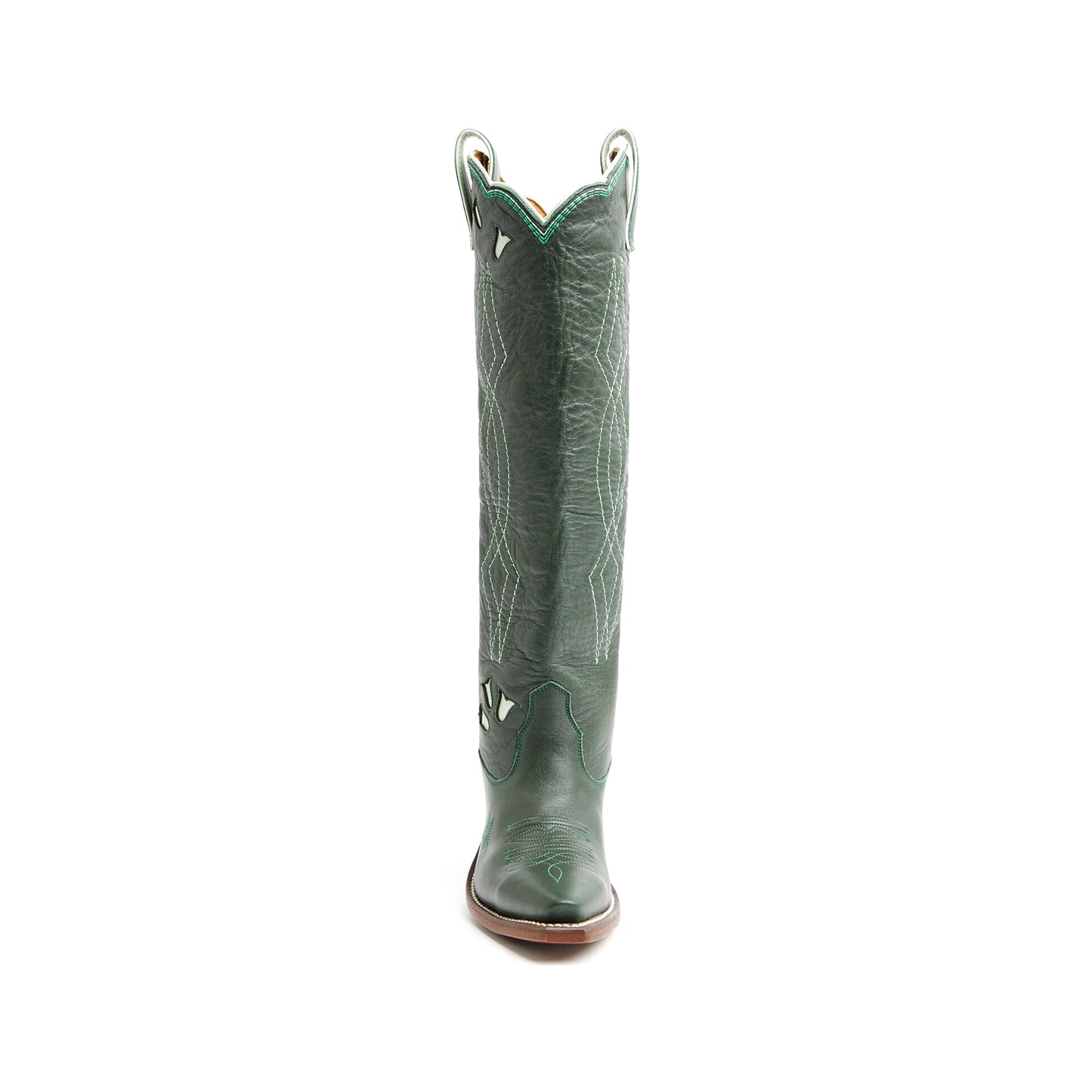 Green Snip-Toe Embroidery And Floral Inlay Wide Calf Knee High Cowgirl Boots