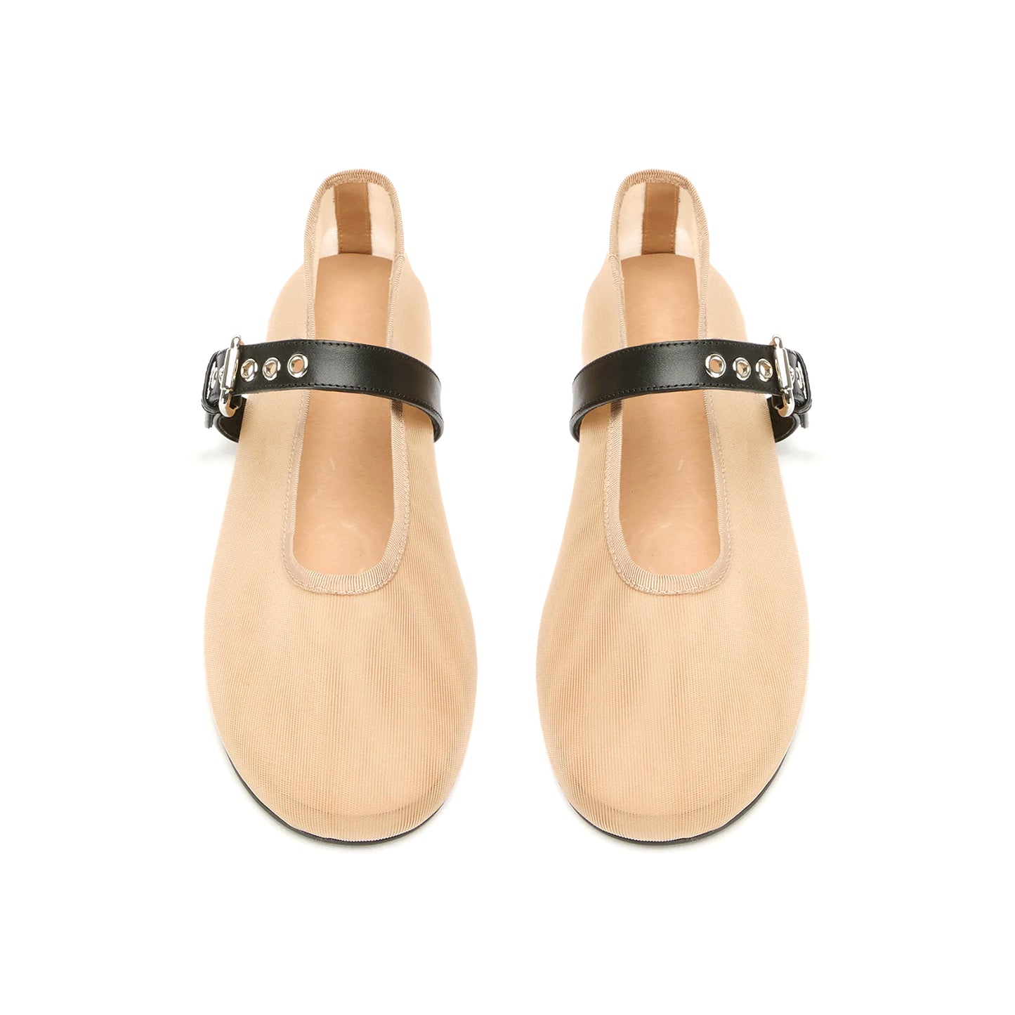 Nude Mesh Round-Toe Ballet Flats With Bridge Strap