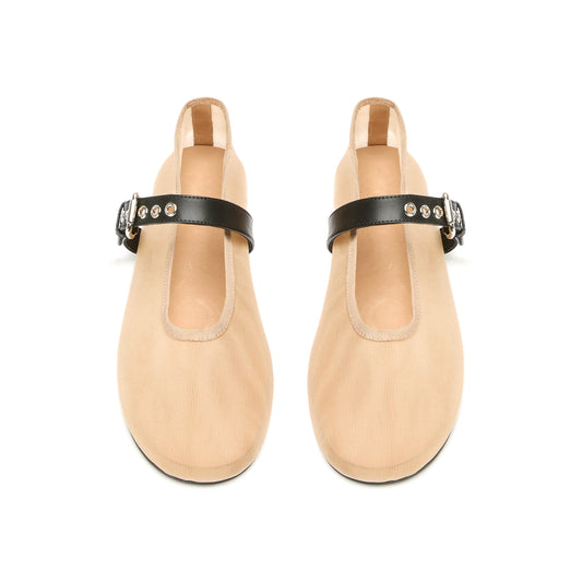Nude Mesh Round-Toe Ballet Flats With Bridge Strap