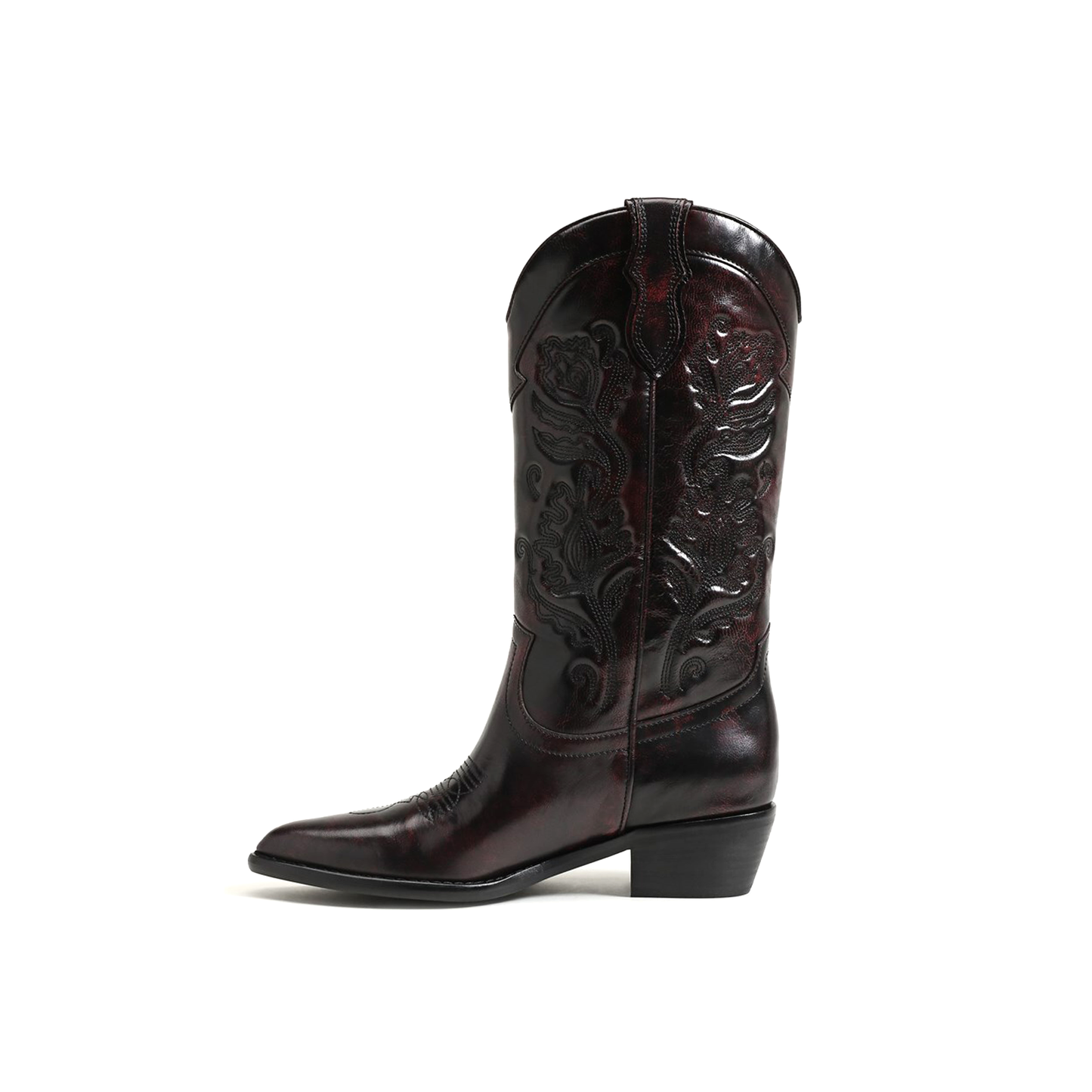 Wine Red Almond-Toe Flowers Embroidery Mid Calf Cowgirl Boots