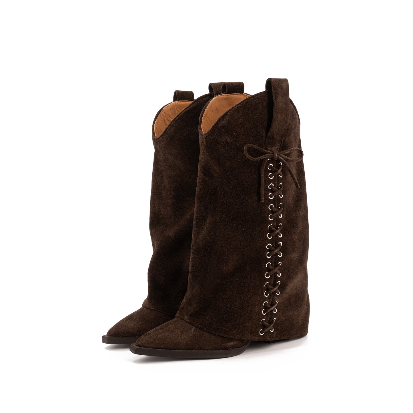 Brown Faux Suede Pointed-Toe Fold-Over Side Lace-Up Mid Calf Cowgirl Boots