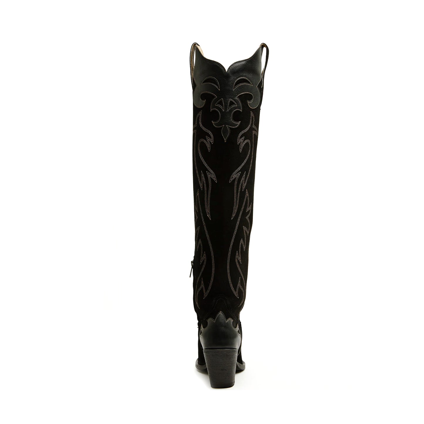 Black Faux Suede Round-Toe Half-Zip Embroidery Tall Knee High Cowgirl Boots