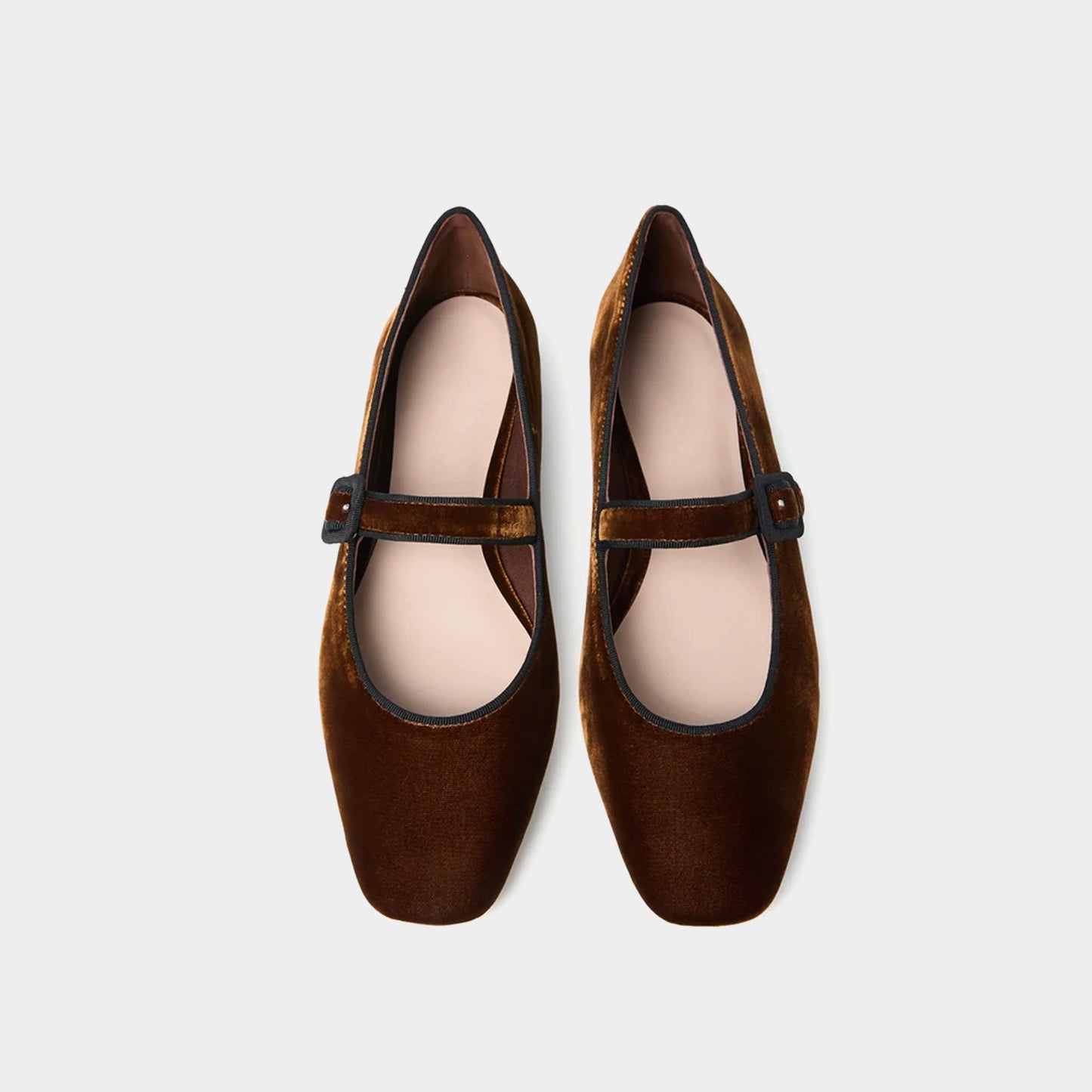 Dark Brown Velvet Square-Toe Bridge Strap Ballet Flats
