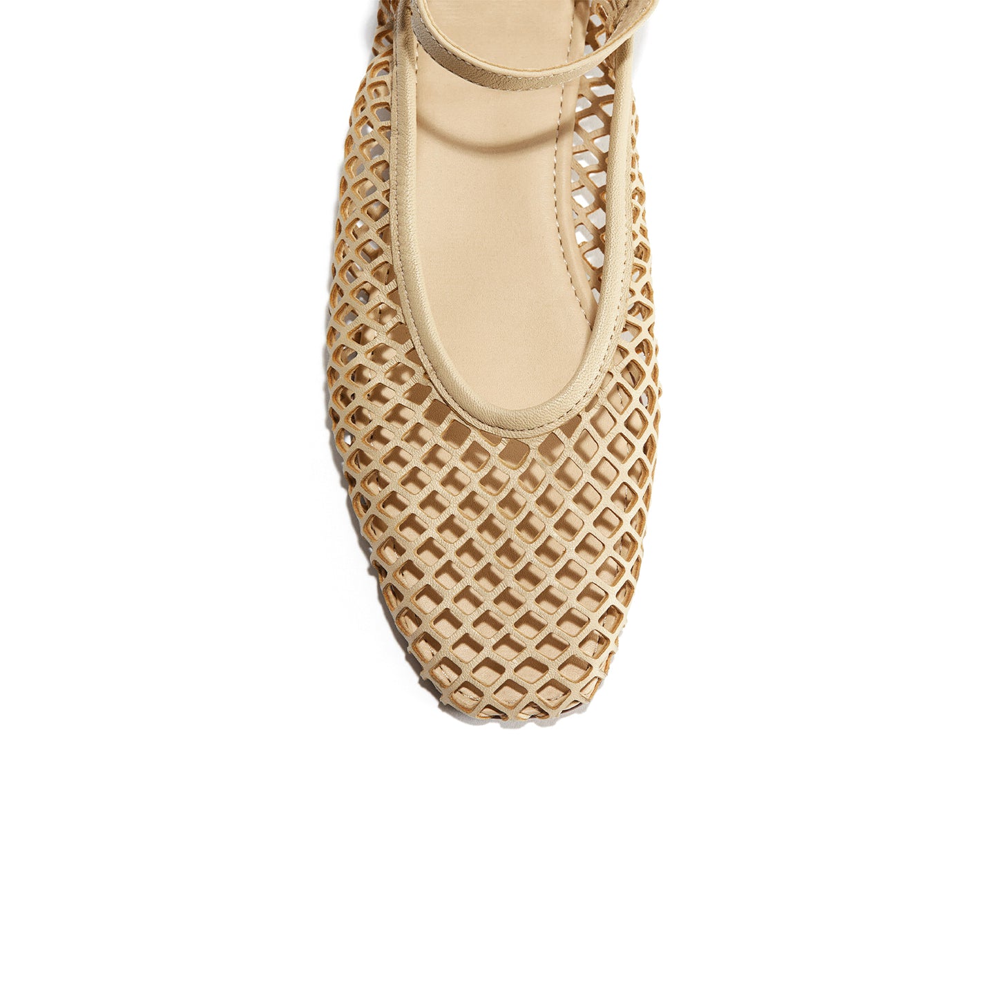 Light Yellow Square-Toe Perforated Ballet Flats With Ankle Strap