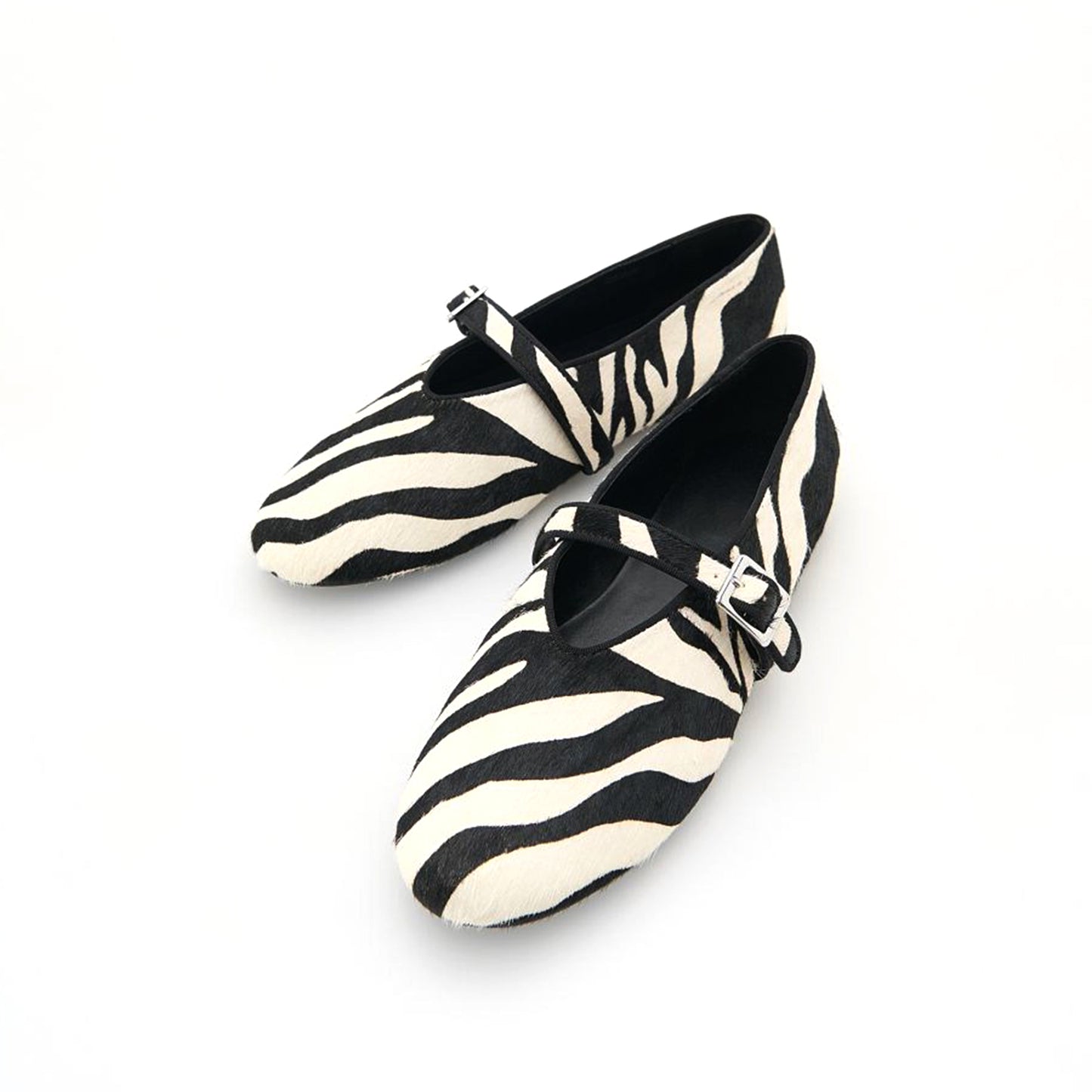 Zebra Print Pony Hair Round-Toe Bridge Strap Ballet Flats