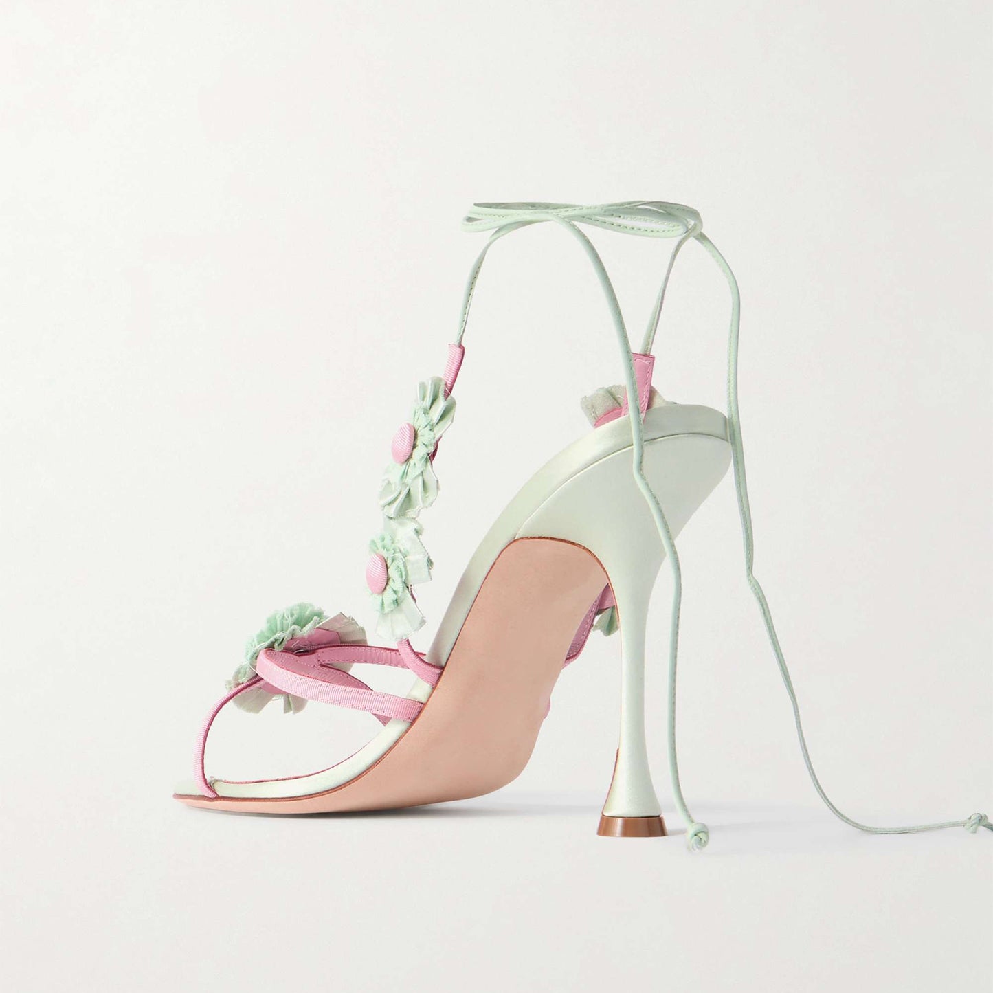 Mint Green Satin Round-Toe Strappy With Flowers Detail High Heels