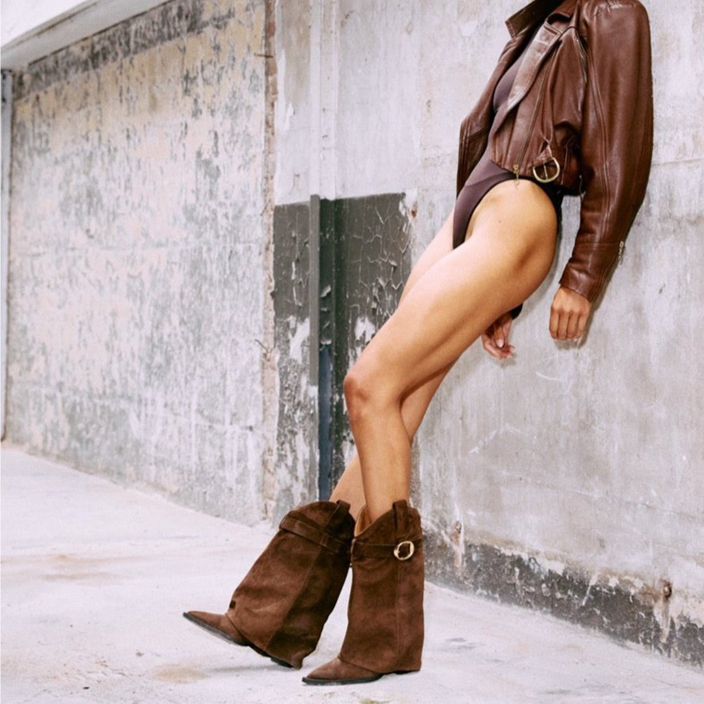 Brown Faux Suede Pointed-Toe Fold-Over Shaft Buckle Mid Calf Cowgirl Boots