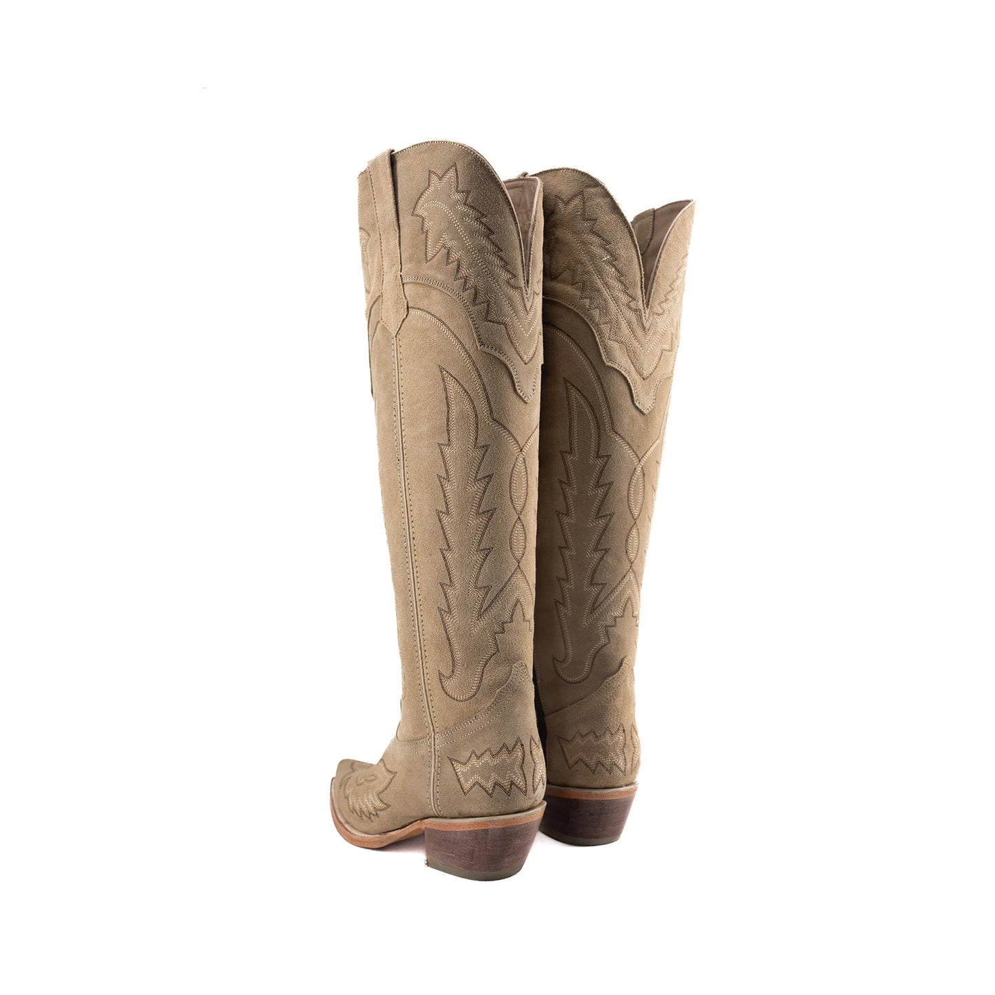 Sand Faux Suede Snip-Toe Embroidery Half-Zip Knee High Cowgirl Boots
