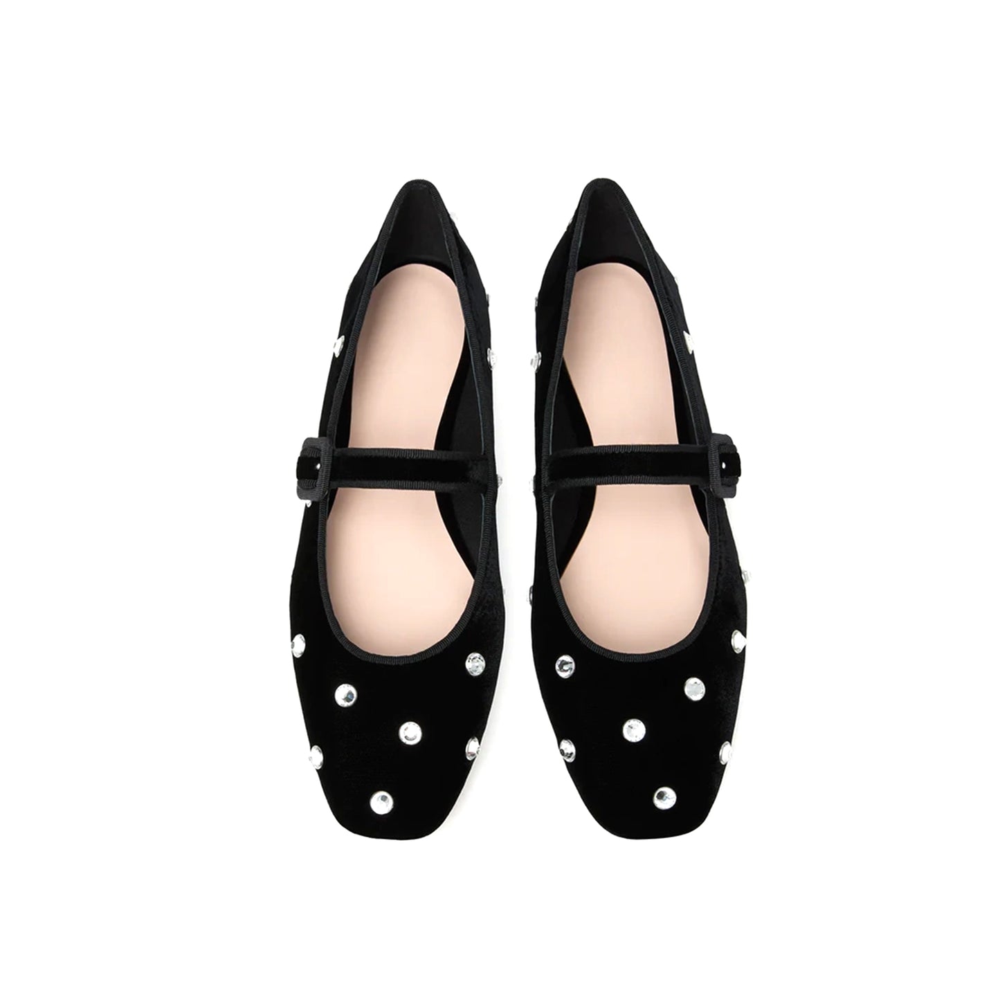 Black Velvet Square-Toe Bridge Strap Ballet Flats With Rhinestones