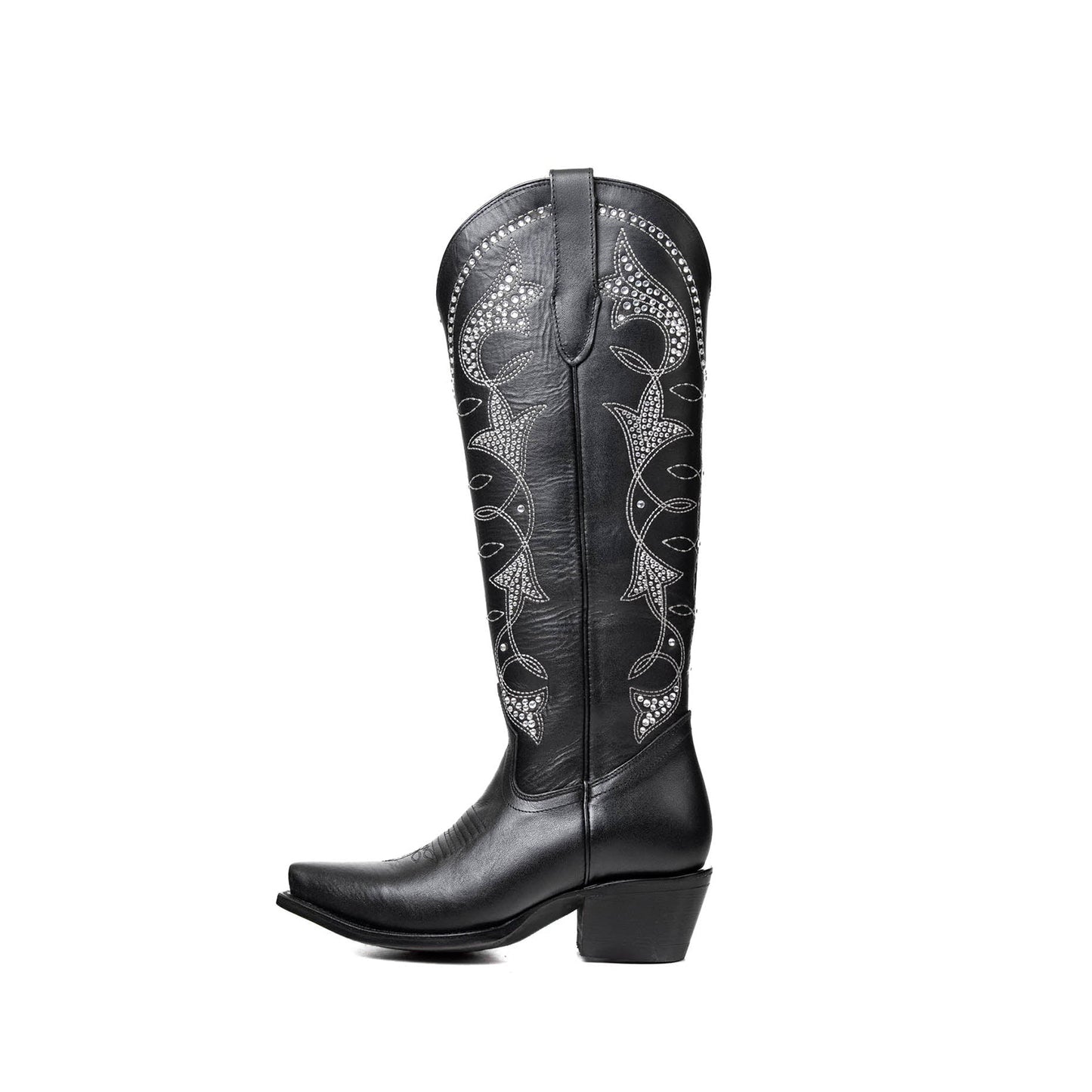 Black Snip-Toe Rhinestone Embroidery Half-Zip Knee High Cowgirl Boots