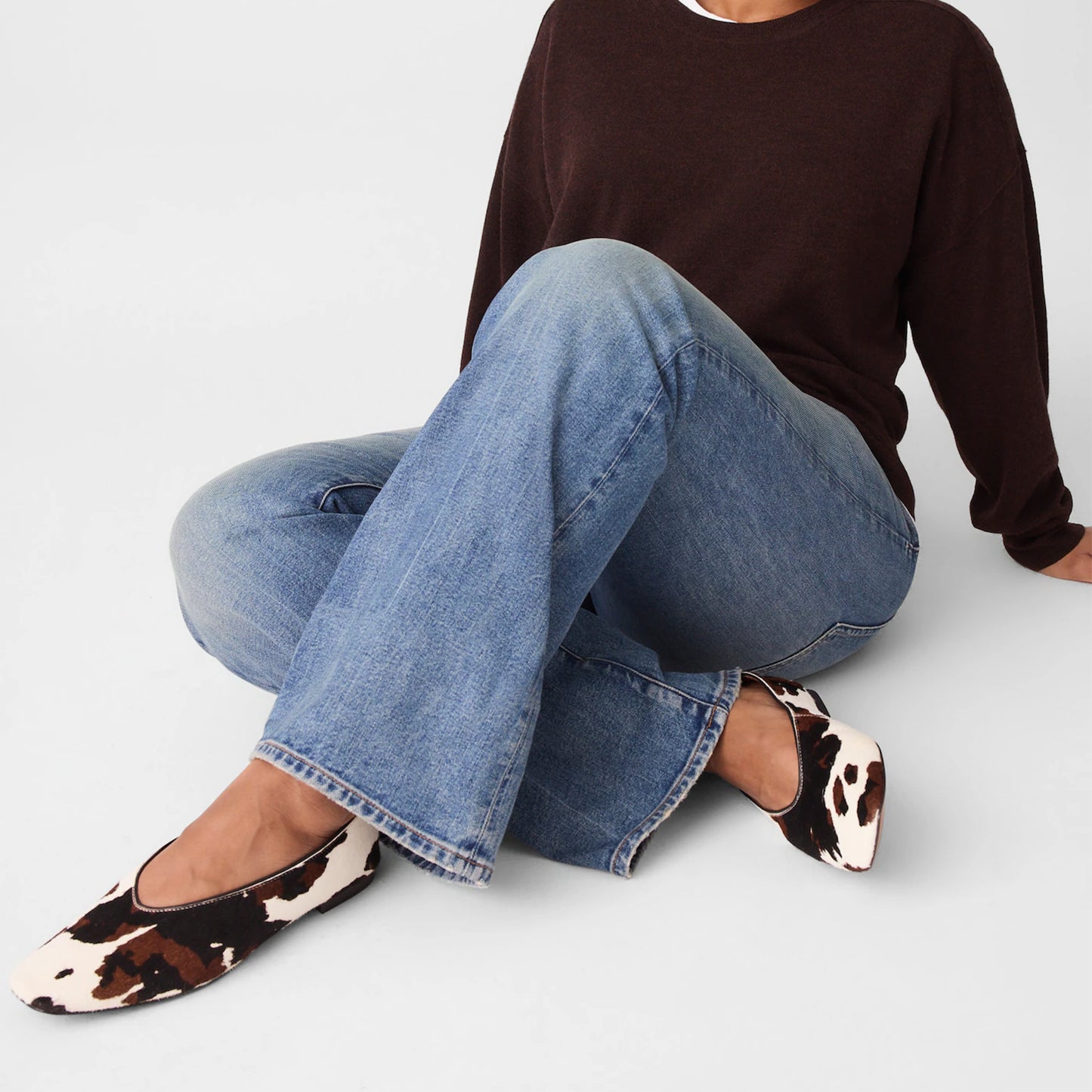 Cow Print Pony Hair Vegan Leather Square-Toe Ballet Flats