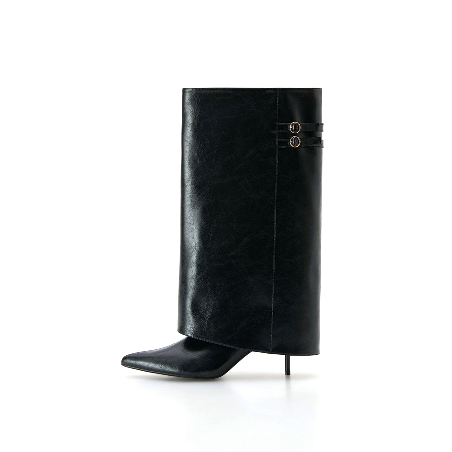Black Pointed-Toe Fold-Over Back Double Straps Mid Calf Stiletto Boots