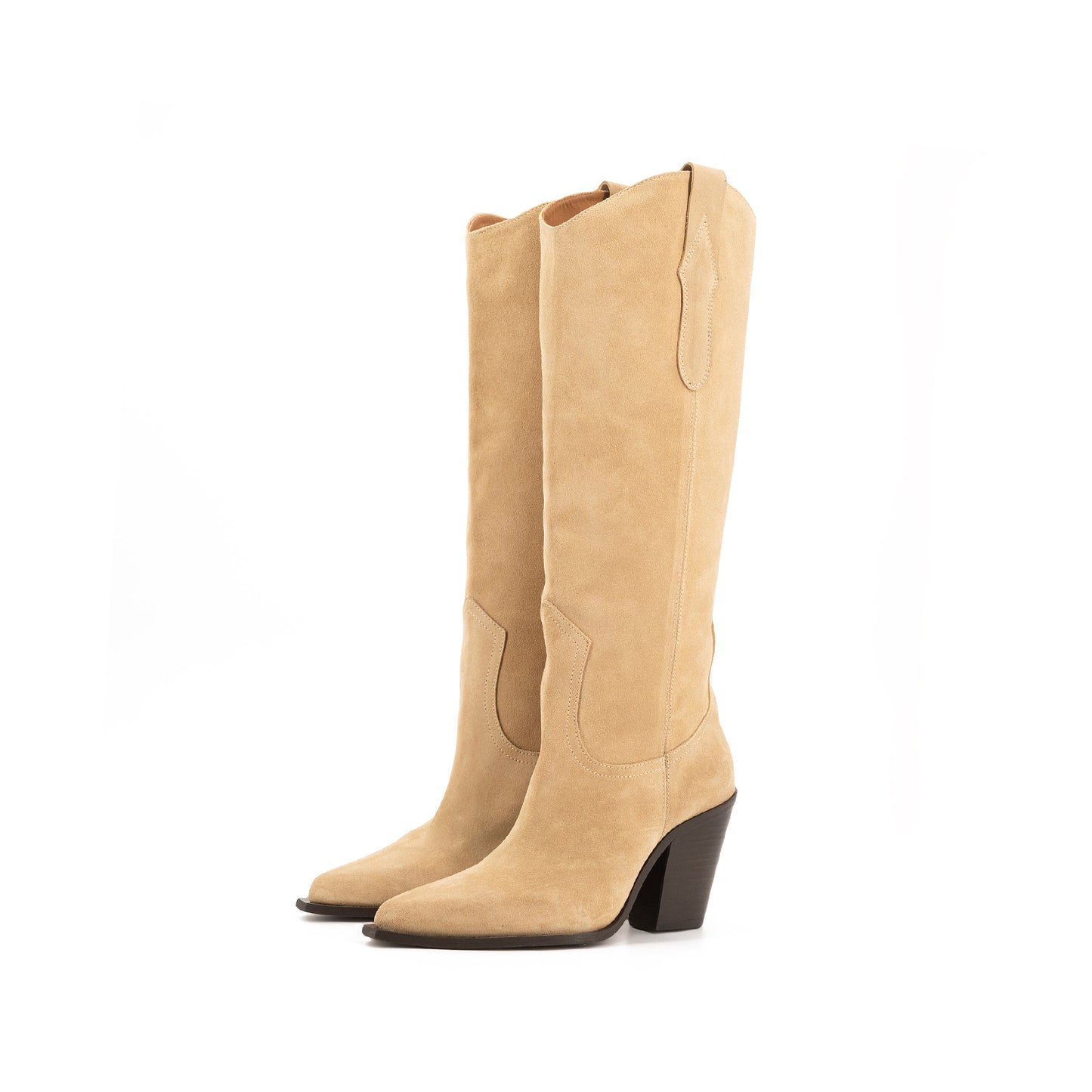 Sand Faux Suede Pointed-Toe Simple Wide Calf Knee High Cowgirl Boots