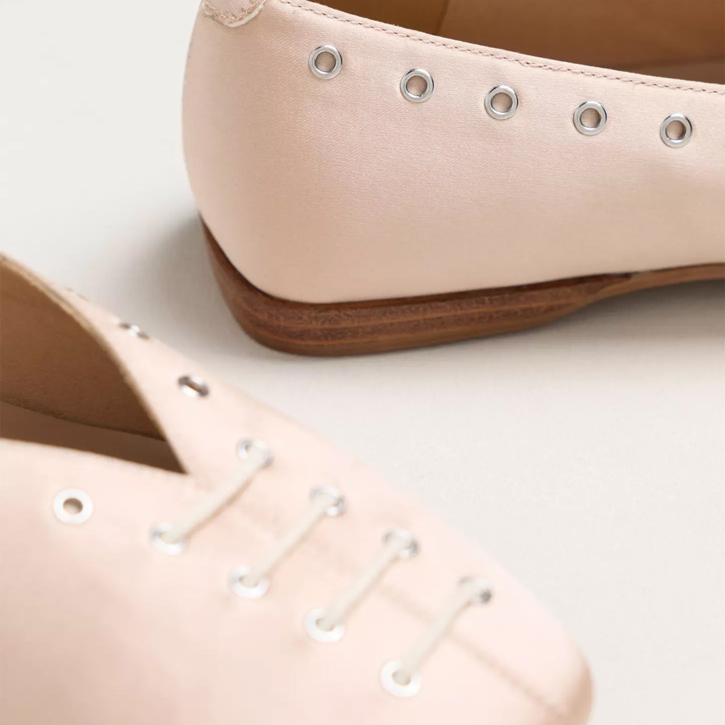 Pink Satin Square-Toe Grommet Lace-Up Ballet Flats