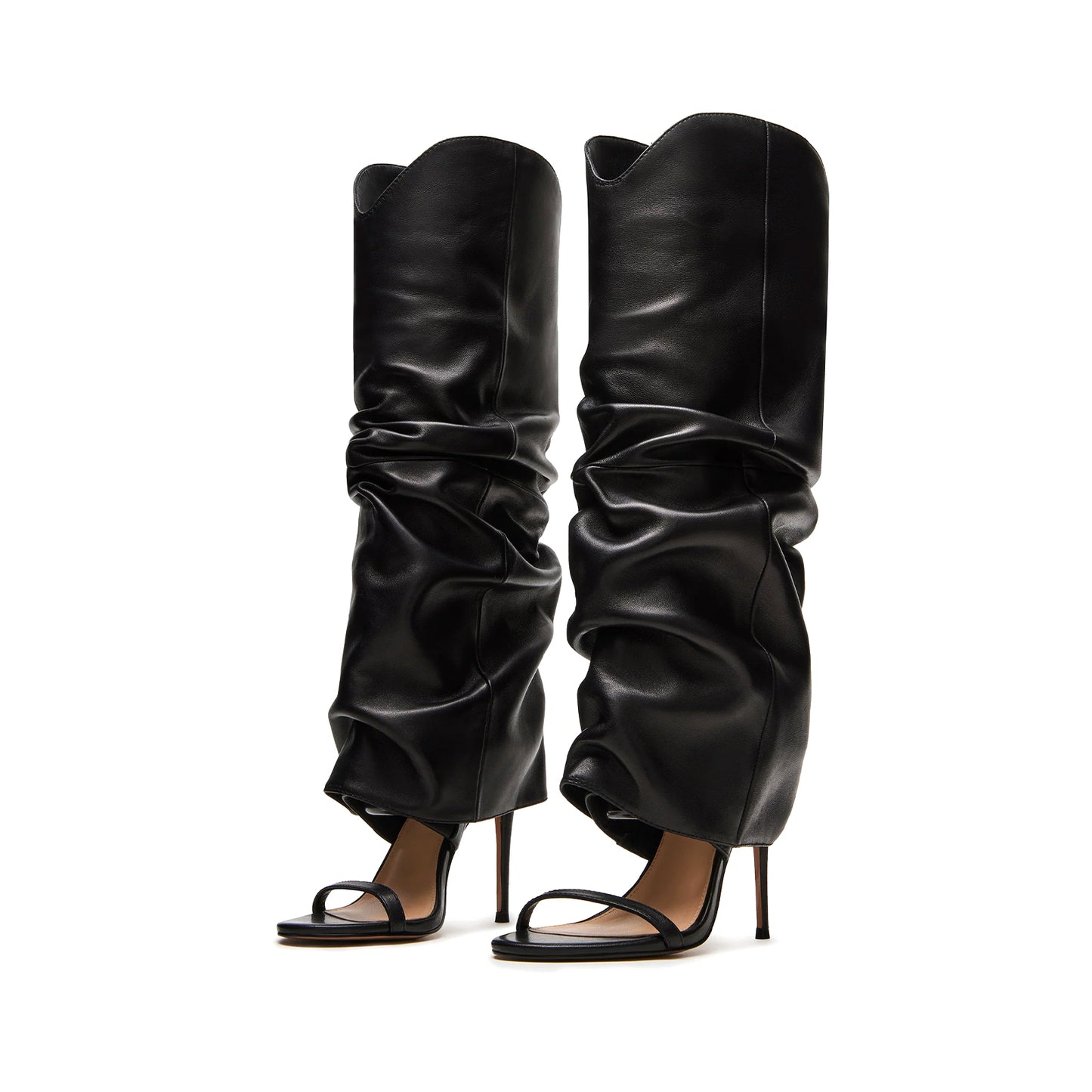 Black Open Round-Toe Fold-Over Wide Calf Knee High Stiletto Boots