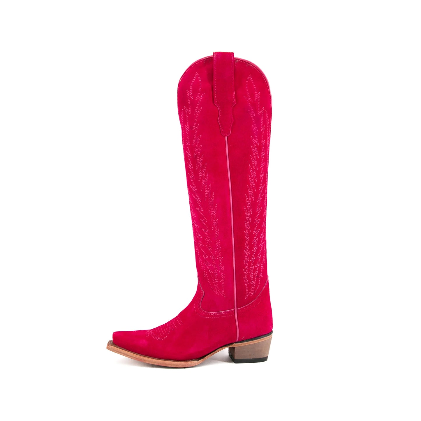 Candy Red Faux Suede Snip-Toe Embroidery Half-Zip Knee High Cowgirl Boots