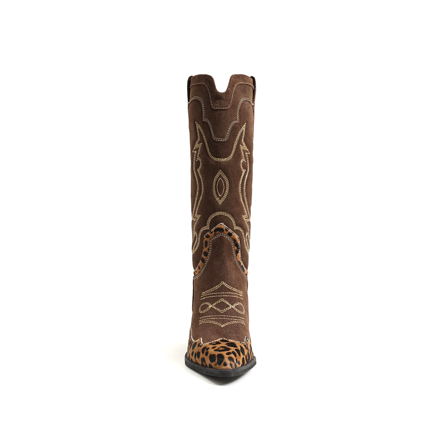 Contrast Brown And Leopard Pointed-Toe Embroidery Wide Calf Knee High Cowgirl Boots